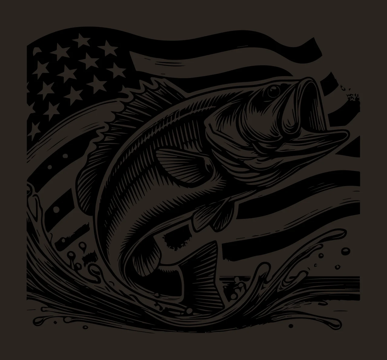 Fish Jumping Before American Flag leaping water engraved illustration contrast preview thumbnail