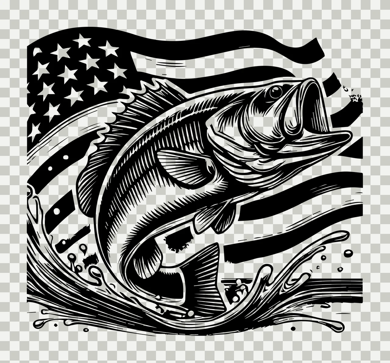 Fish Jumping Before American Flag leaping water engraved illustration transparency and detail preview thumbnail