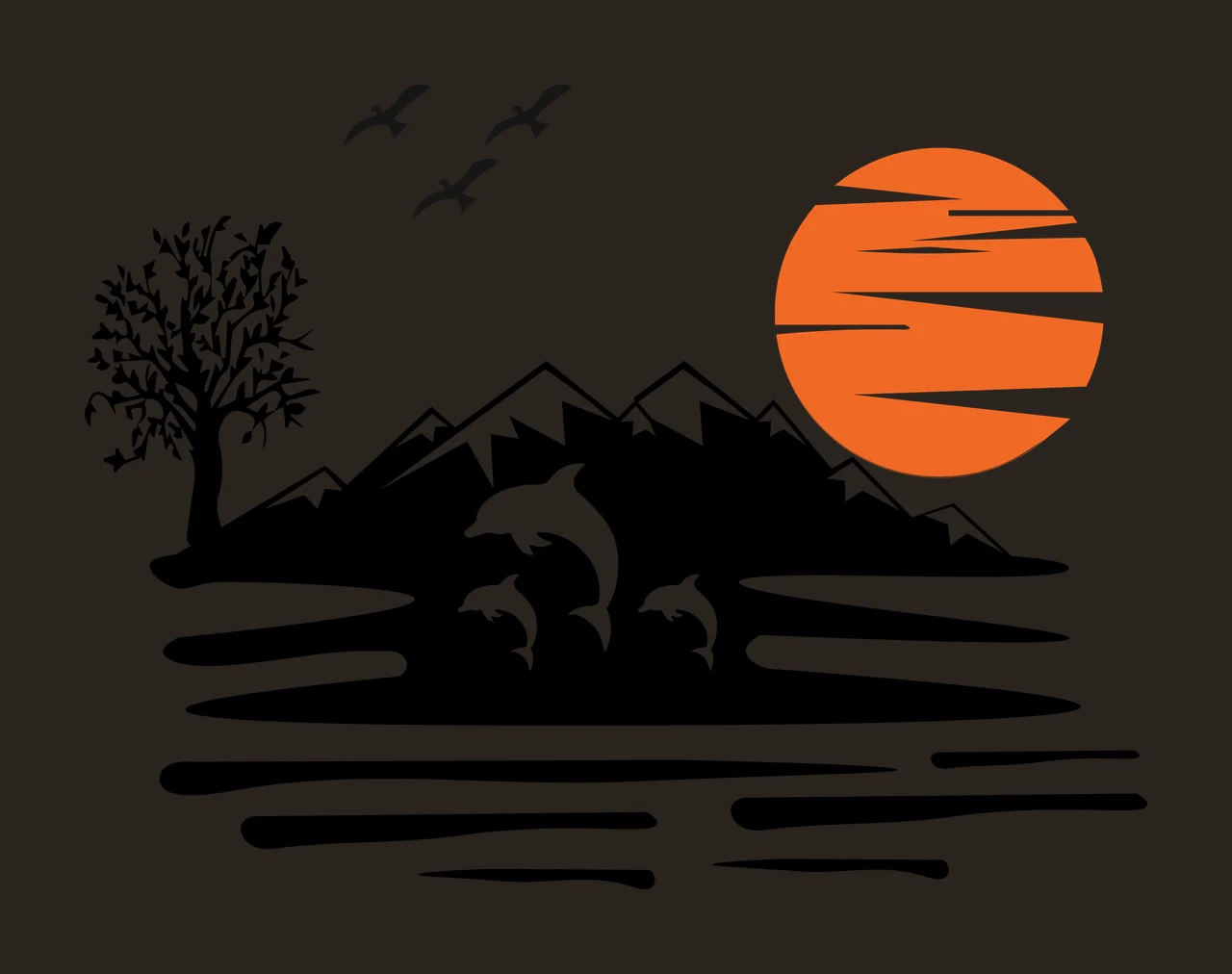 Tree Dolphin Silhouettes Leaping Before Mountain Sunset dolphins contrast preview thumbnail