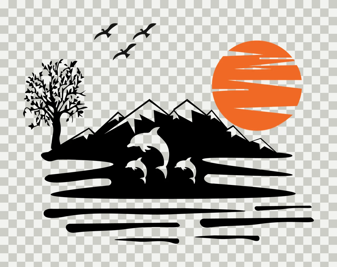 Tree Dolphin Silhouettes Leaping Before Mountain Sunset dolphins transparency and detail preview thumbnail
