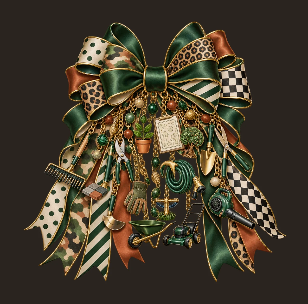 Landscaper Bow Charm PNG, Themed Gold Chain Charms, Coquette Ribbon Sublimation Design, Transparent Digital Download contrast preview thumbnail