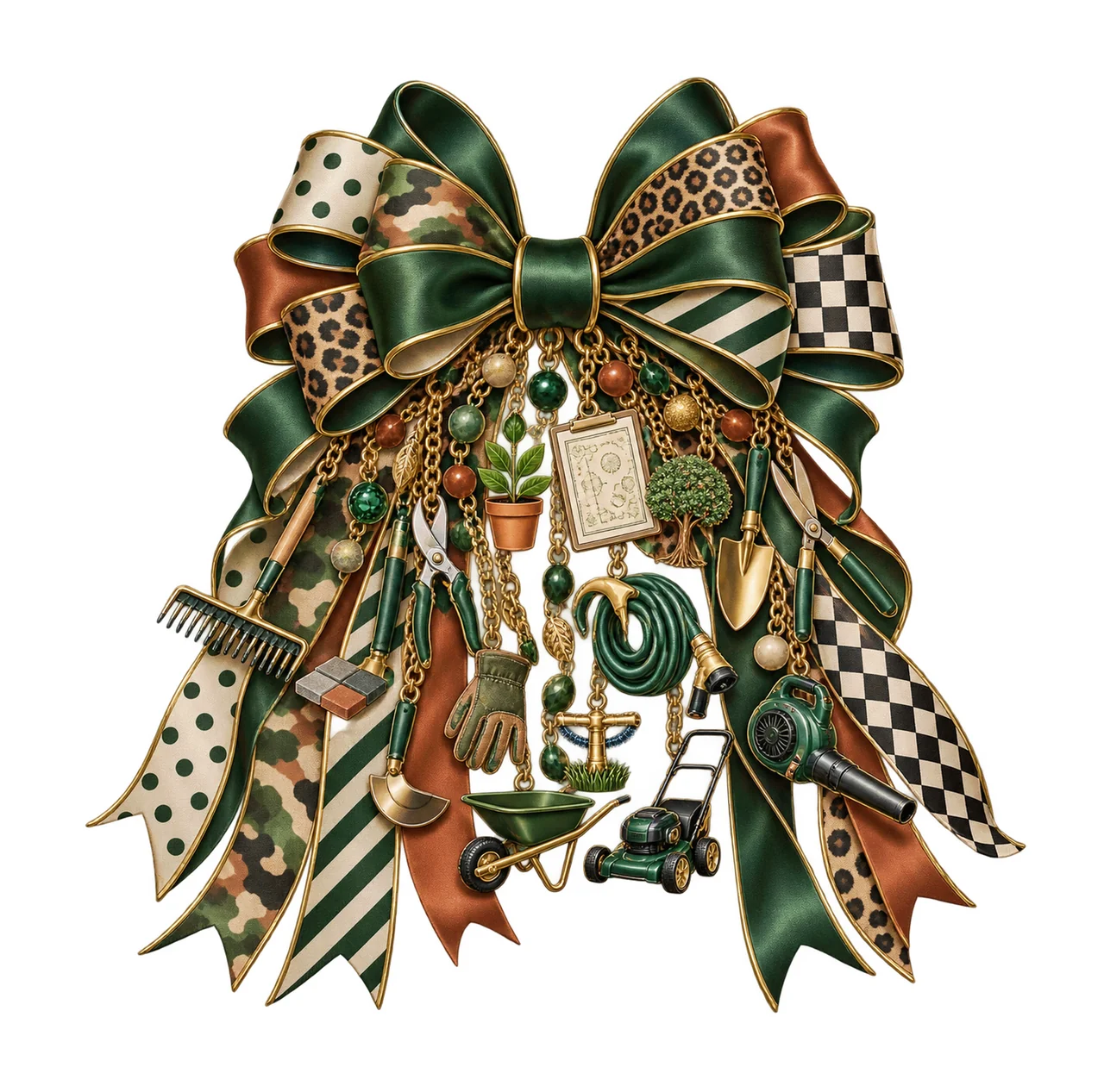 Landscaper Bow Charm PNG, Themed Gold Chain Charms, Coquette Ribbon Sublimation Design, Transparent Digital Download
