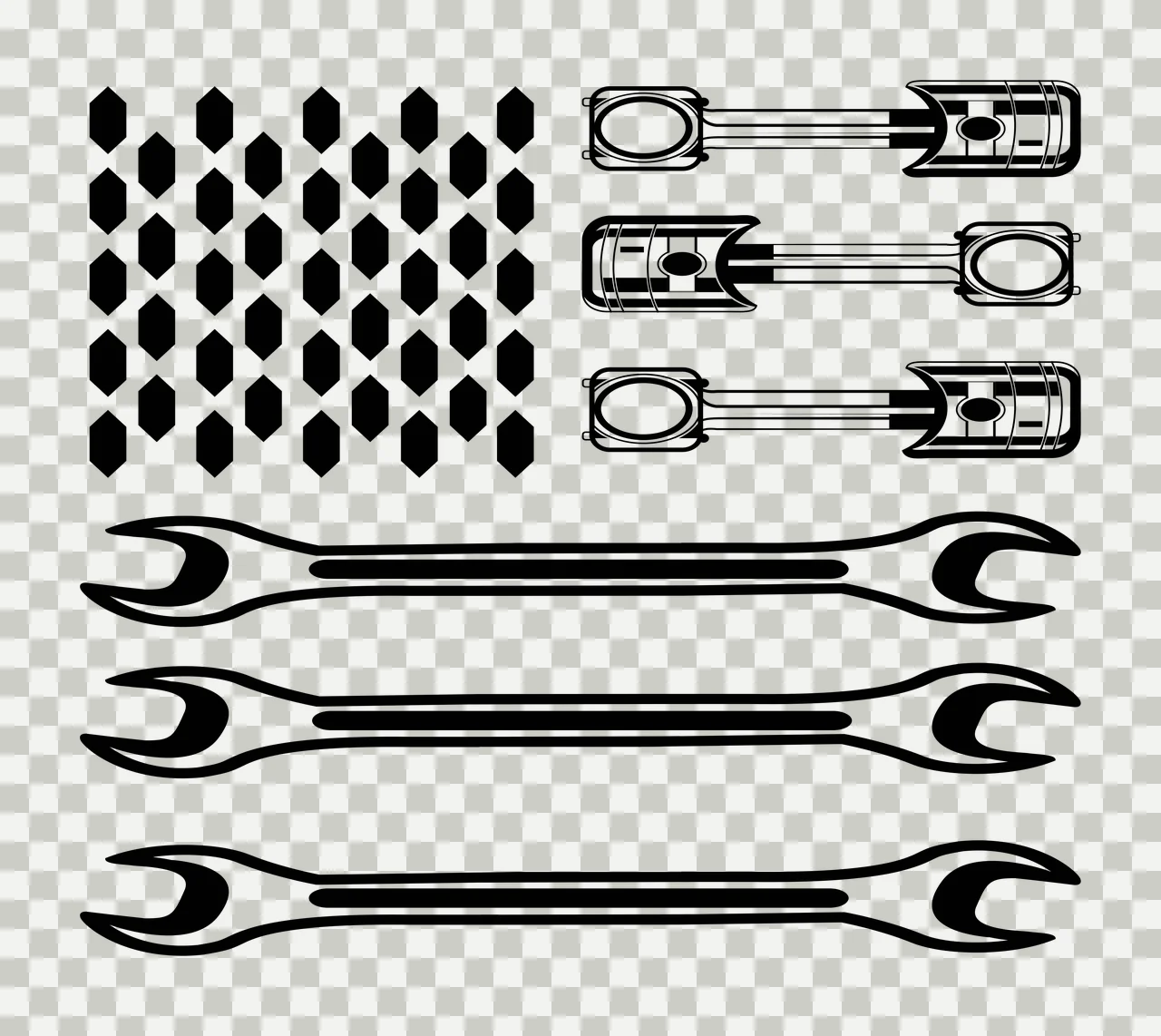 Mechanic American flag design with engine pistons, wrenches, hexagon grid canton and stripes in black and white transparency and detail preview thumbnail