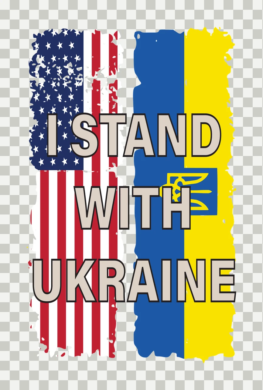 I STAND WITH UKRAINE Typography Design with American flag left panel, Ukrainian flag right panel, I STAND WITH UKRAINE text and Ukrainian trident emblem in blue, red and white transparency and detail preview thumbnail