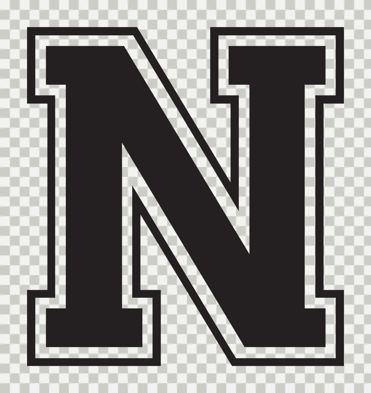 N Letter Design with capital letter N, varsity block font, double outline border and black fill in white transparency and detail preview thumbnail