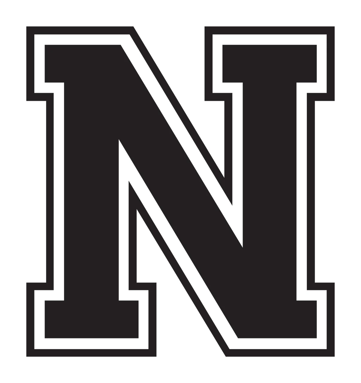 N Letter Design with capital letter N, varsity block font, double outline border and black fill in white