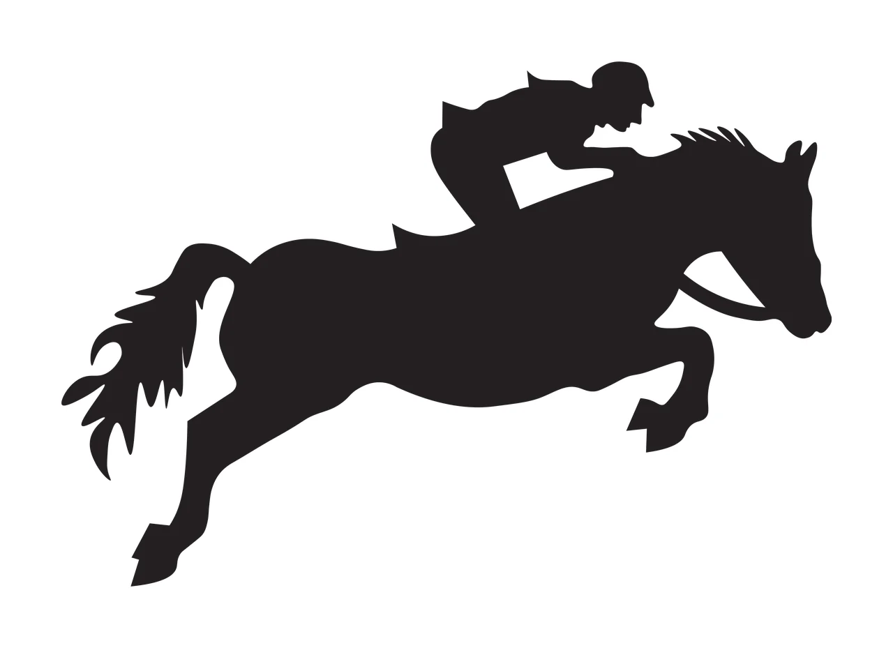 Silhouette of equestrian rider and horse in mid-air jump Illustration with black horse silhouette, flowing horse tail, horse mane and saddle