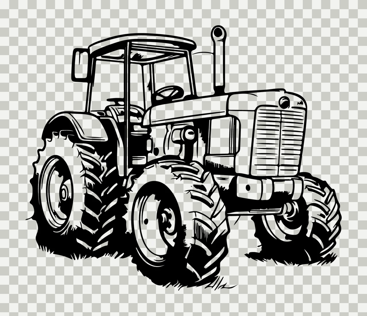 Black And White Farm Tractor standing tires exhaust pipe linework transparency and detail preview thumbnail