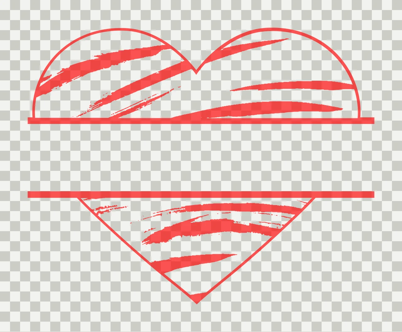 Split heart monogram frame with split heart shape, horizontal text space, brush stroke pattern and monoline frame in coral pink, red and white transparency and detail preview thumbnail