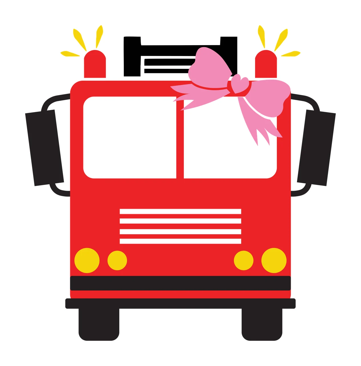 Fire truck Illustration with pink bow, emergency lights, windshield and side mirrors in red and yellow