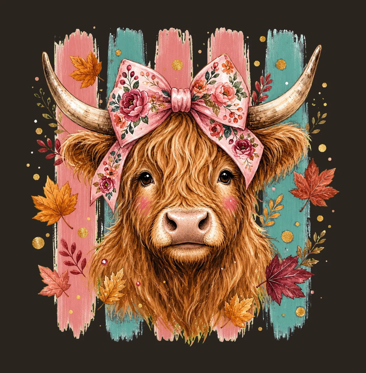 Highland Cow Fall Pink Bow Autumn Sublimation Variation B contrast preview thumbnail