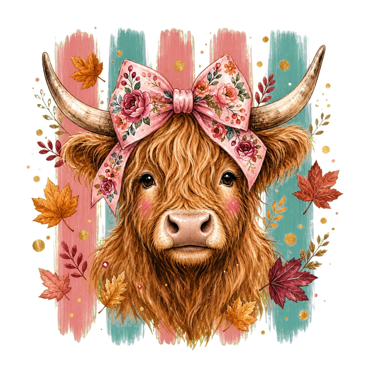 Highland Cow Fall Pink Bow Autumn Sublimation Variation B