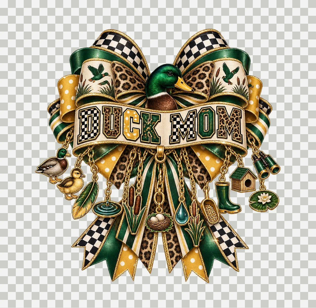 Duck Mom Bow Charm PNG, Patterned Varsity Mom Ribbon Clipart, Transparent Sublimation Digital Download transparency and detail preview thumbnail