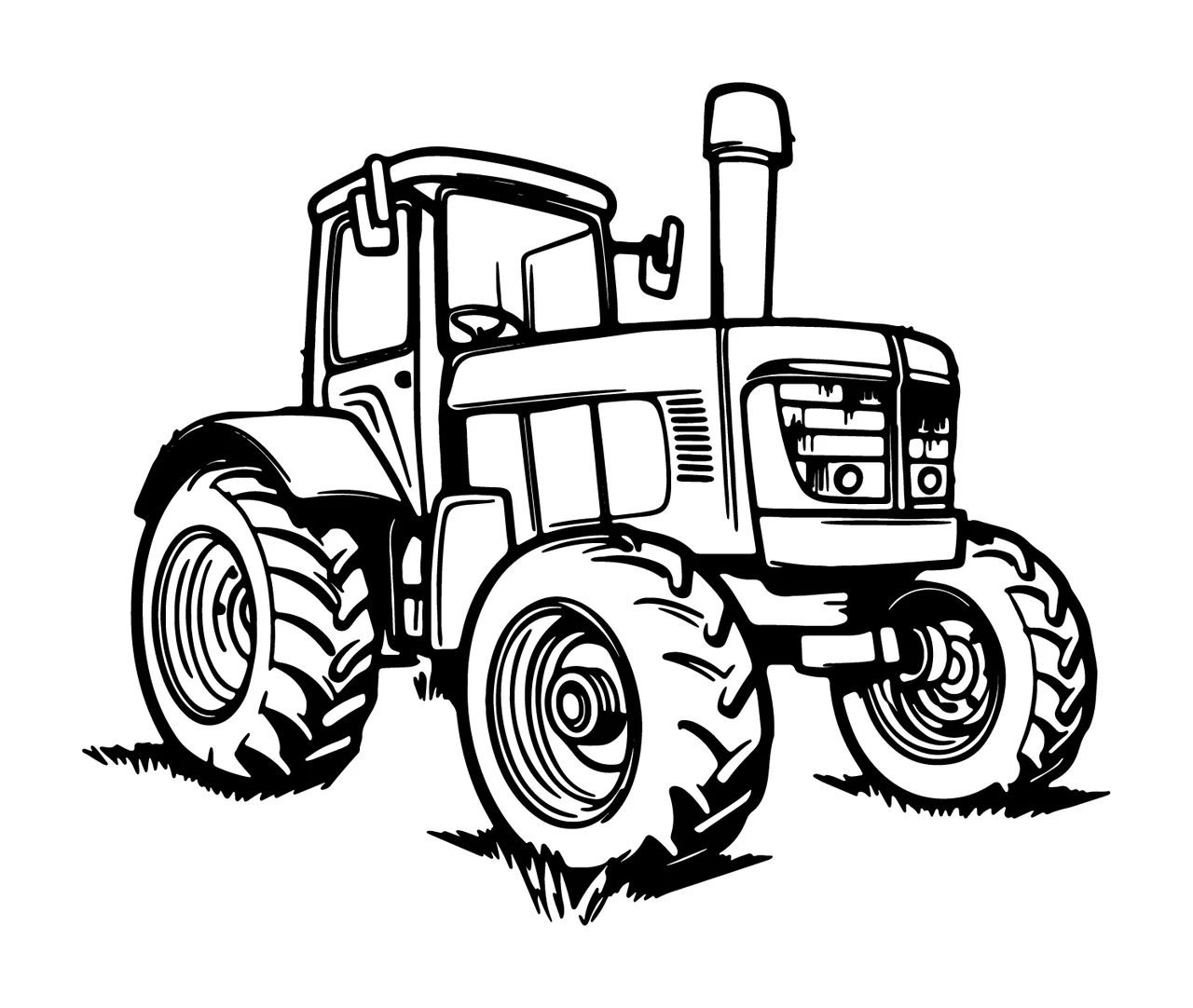 Black Tractor Line Drawing On White stationary wheels cab exhaust pipe