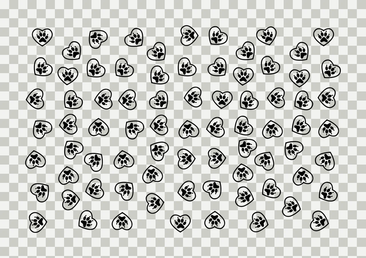 Line Art Illustration of Paw prints inside hearts with outlines and heart in black and white transparency and detail preview thumbnail