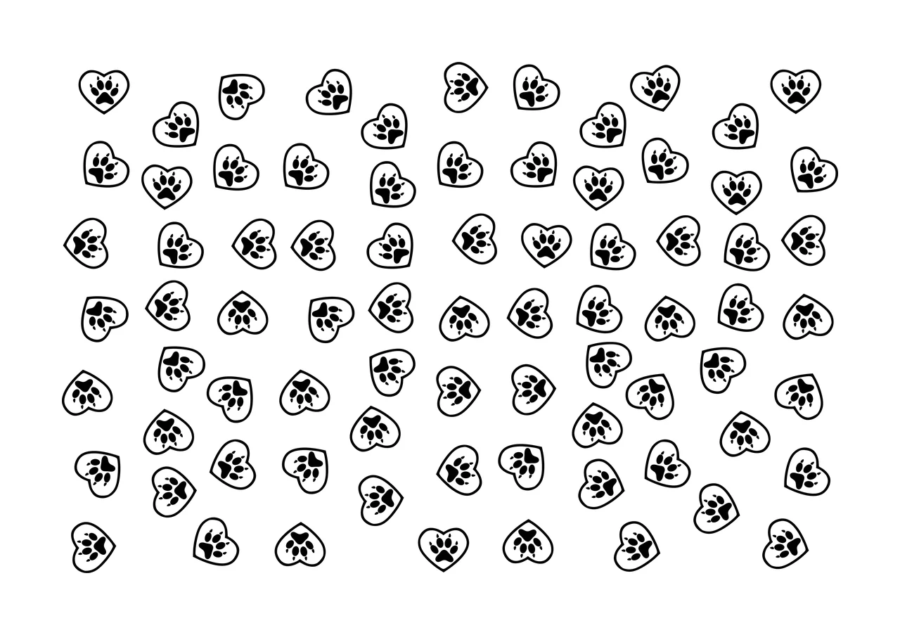 Line Art Illustration of Paw prints inside hearts with outlines and heart in black and white