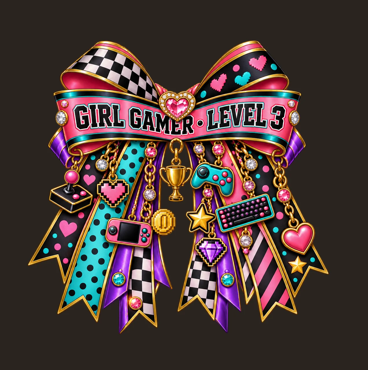 Girl Gamer Level 3 Bow Charm PNG, Patterned Coquette Bow Clipart, Transparent Sublimation Digital Download contrast preview thumbnail