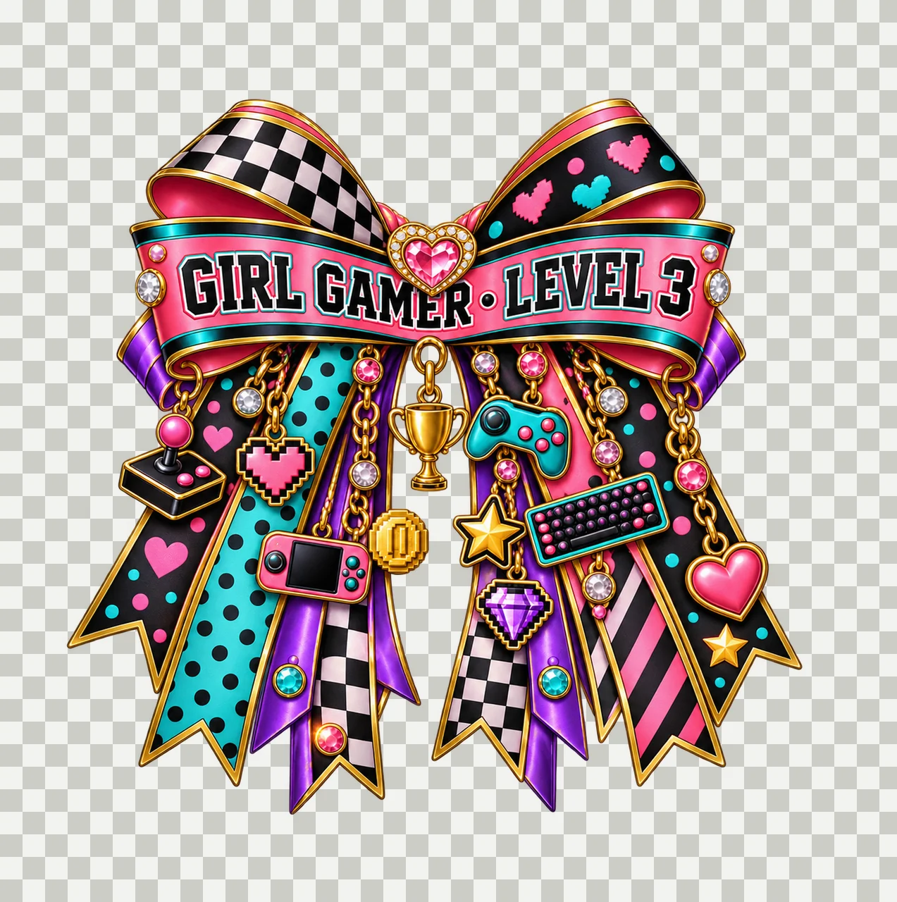 Girl Gamer Level 3 Bow Charm PNG, Patterned Coquette Bow Clipart, Transparent Sublimation Digital Download transparency and detail preview thumbnail