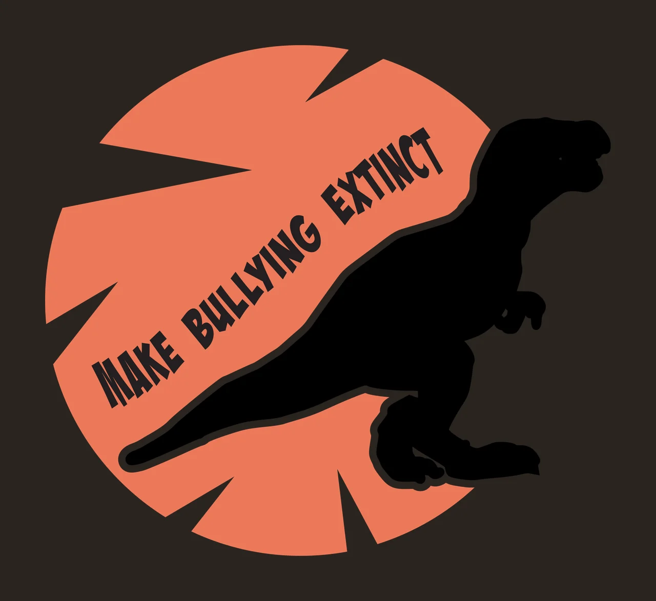 MAKE BULLYING EXTINCT Typography Design with black T-Rex silhouette, orange jagged circular background and text 'MAKE BULLYING EXTINCT' in white contrast preview thumbnail