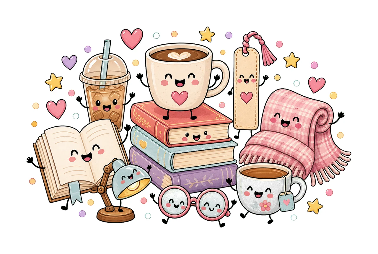 Books and Coffee Characters Doodle Cute Happy Variation C