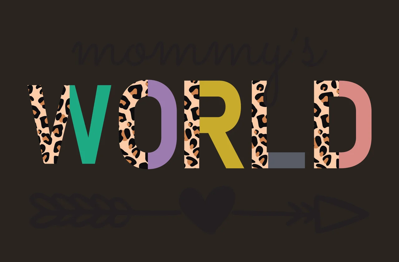 Mommy's WORLD typography with cursive script lettering, bold split-color block letters, leopard print pattern and arrow illustration in black, green and purple contrast preview thumbnail