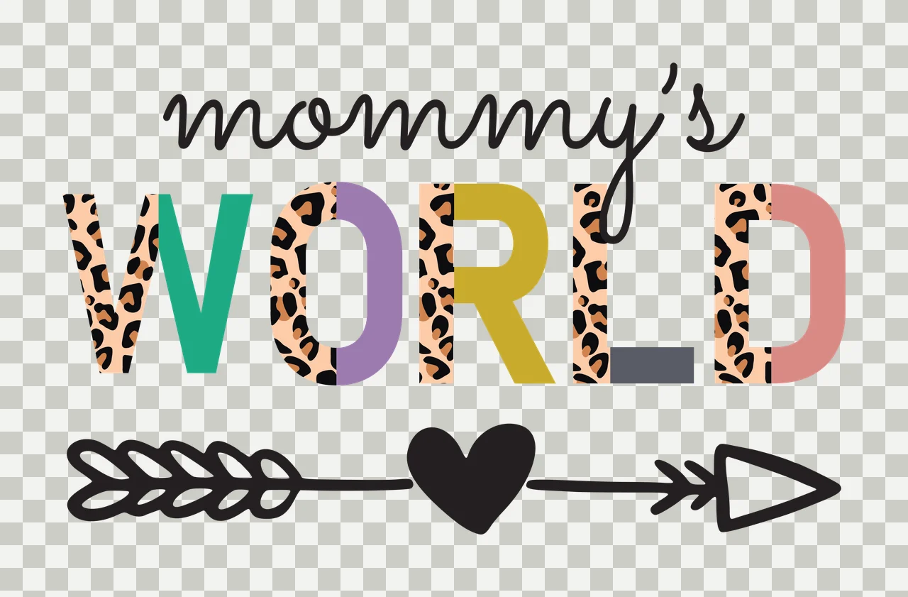 Mommy's WORLD typography with cursive script lettering, bold split-color block letters, leopard print pattern and arrow illustration in black, green and purple transparency and detail preview thumbnail
