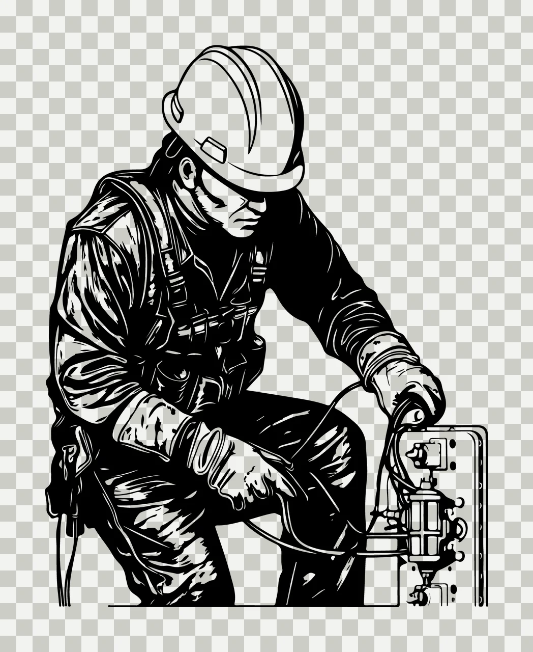 Electrical Technician Working On Panel hard hat ink illustration transparency and detail preview thumbnail