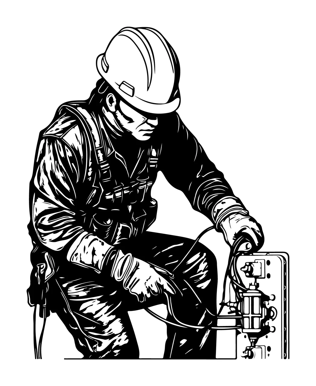 Electrical Technician Working On Panel hard hat ink illustration