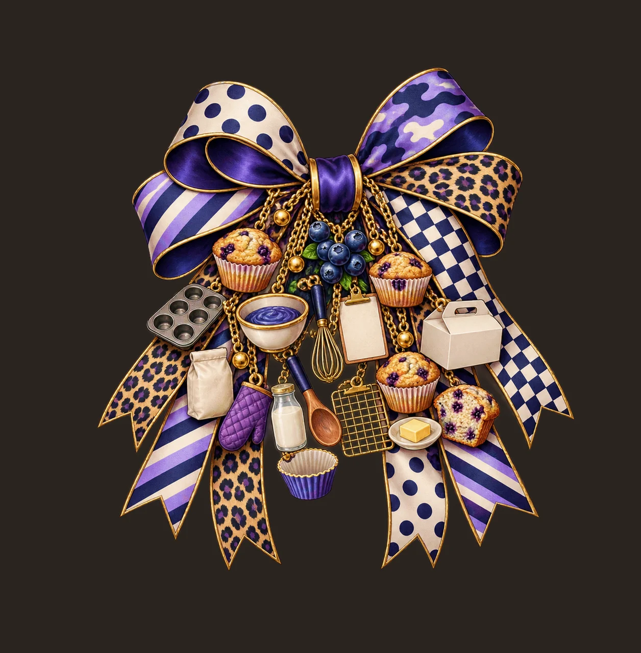 Blueberry Muffin Lover Bow Charm PNG, Themed Gold Chain Charms, Coquette Ribbon Sublimation Design, Transparent Digital Download contrast preview thumbnail