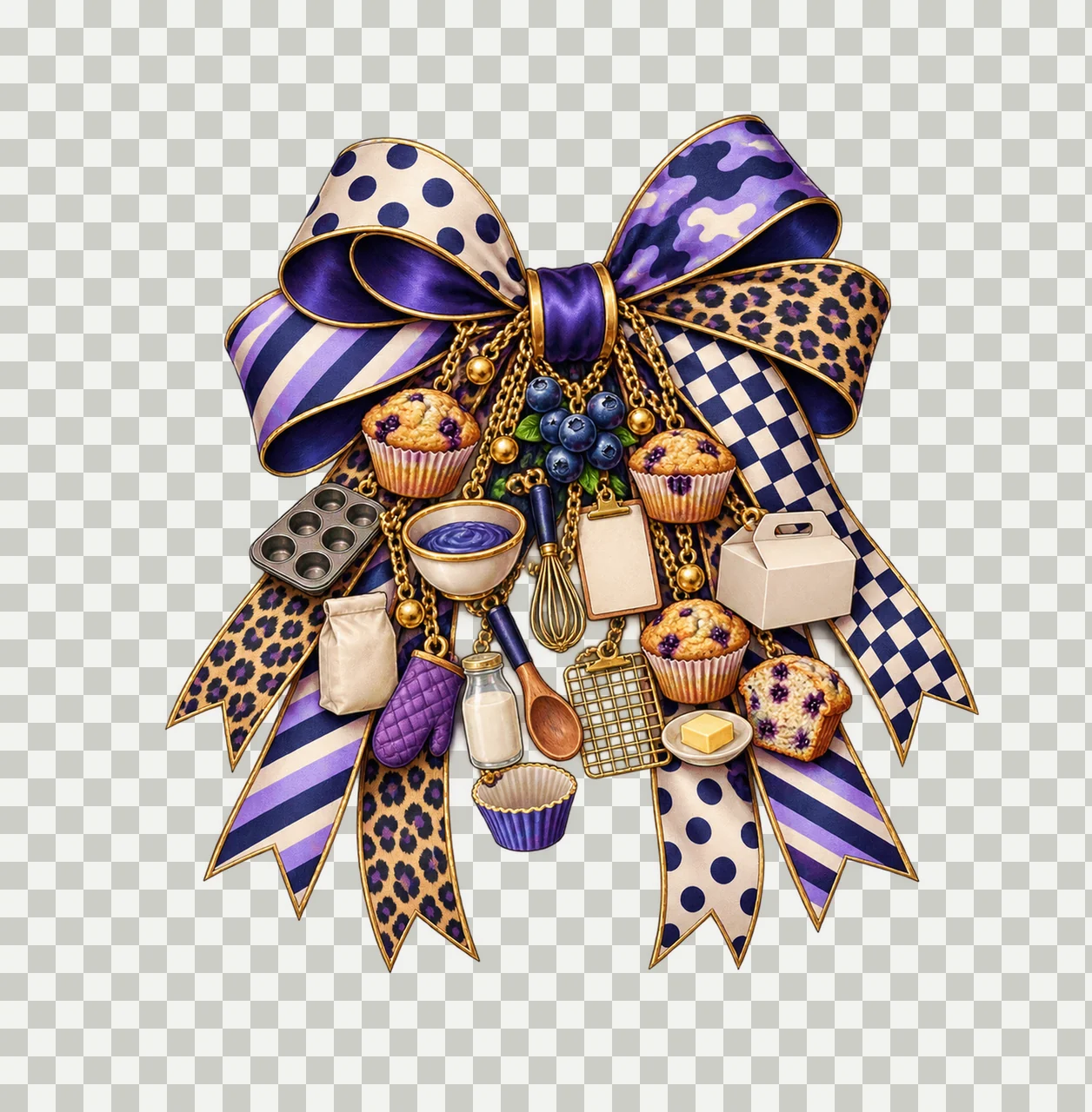 Blueberry Muffin Lover Bow Charm PNG, Themed Gold Chain Charms, Coquette Ribbon Sublimation Design, Transparent Digital Download transparency and detail preview thumbnail