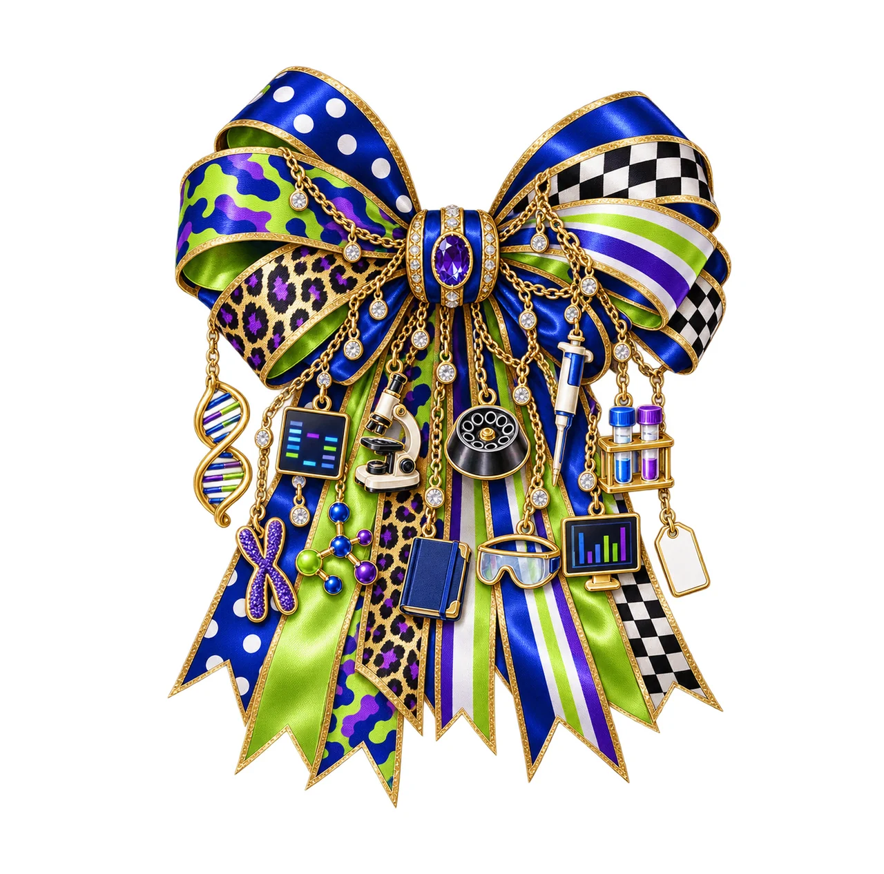 DNA Researcher Bow Charm PNG, Gold Chain Charms, Transparent Sublimation Design, Digital Download