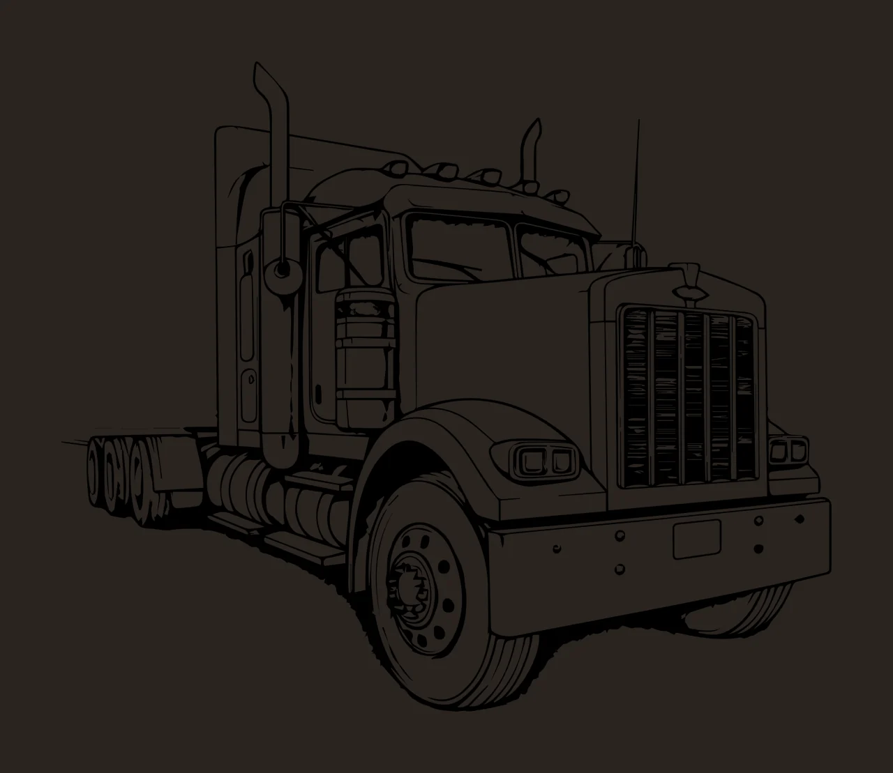 Semi Truck Tractor In Line Art parked cab wheels grille exhaust pipe contrast preview thumbnail