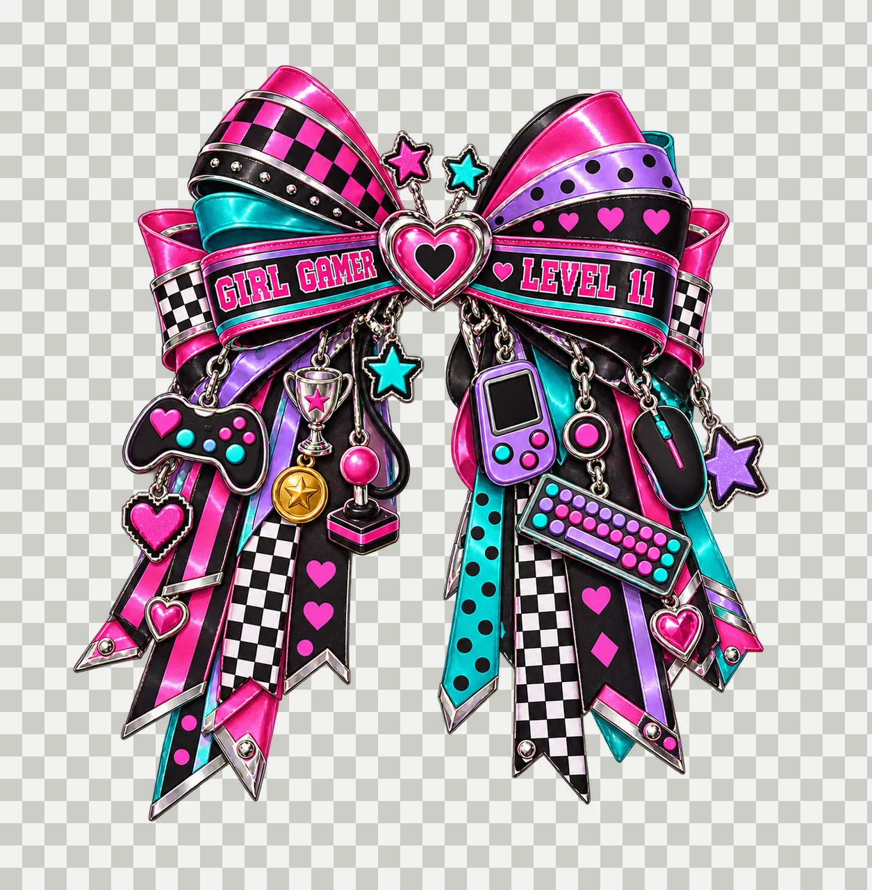 Girl Gamer Level 11 Bow Charm PNG, Patterned Coquette Bow Clipart, Transparent Sublimation Digital Download transparency and detail preview thumbnail