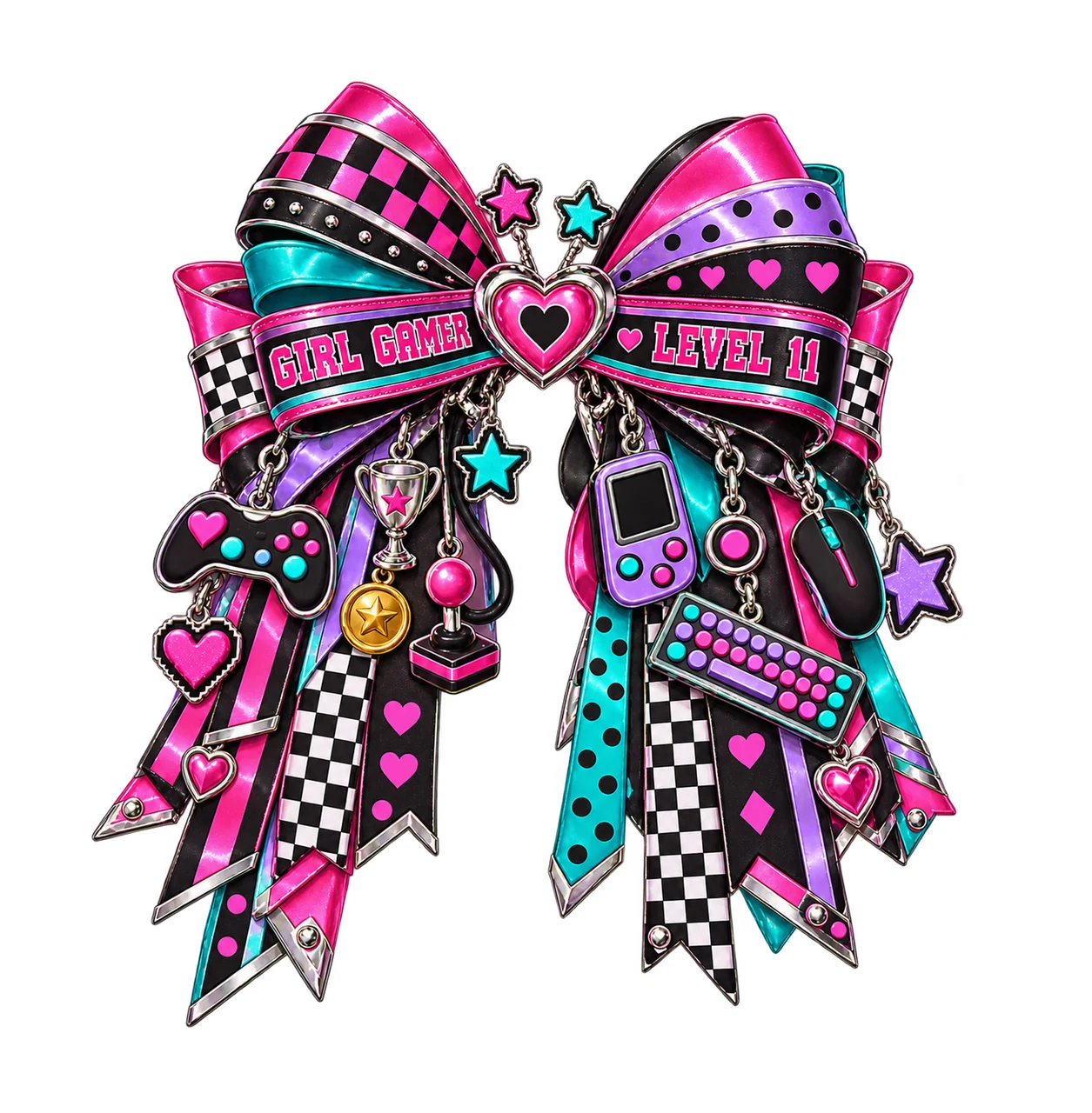 Girl Gamer Level 11 Bow Charm PNG, Patterned Coquette Bow Clipart, Transparent Sublimation Digital Download