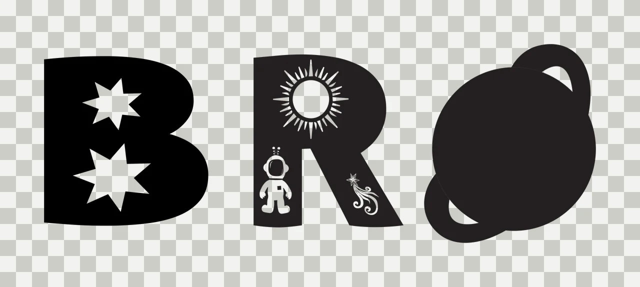 BRO space typography with letter B with stars, letter R with astronaut and sun and letter O as ringed planet in black and white transparency and detail preview thumbnail