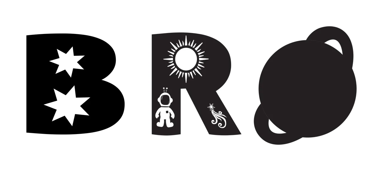 BRO space typography with letter B with stars, letter R with astronaut and sun and letter O as ringed planet in black and white