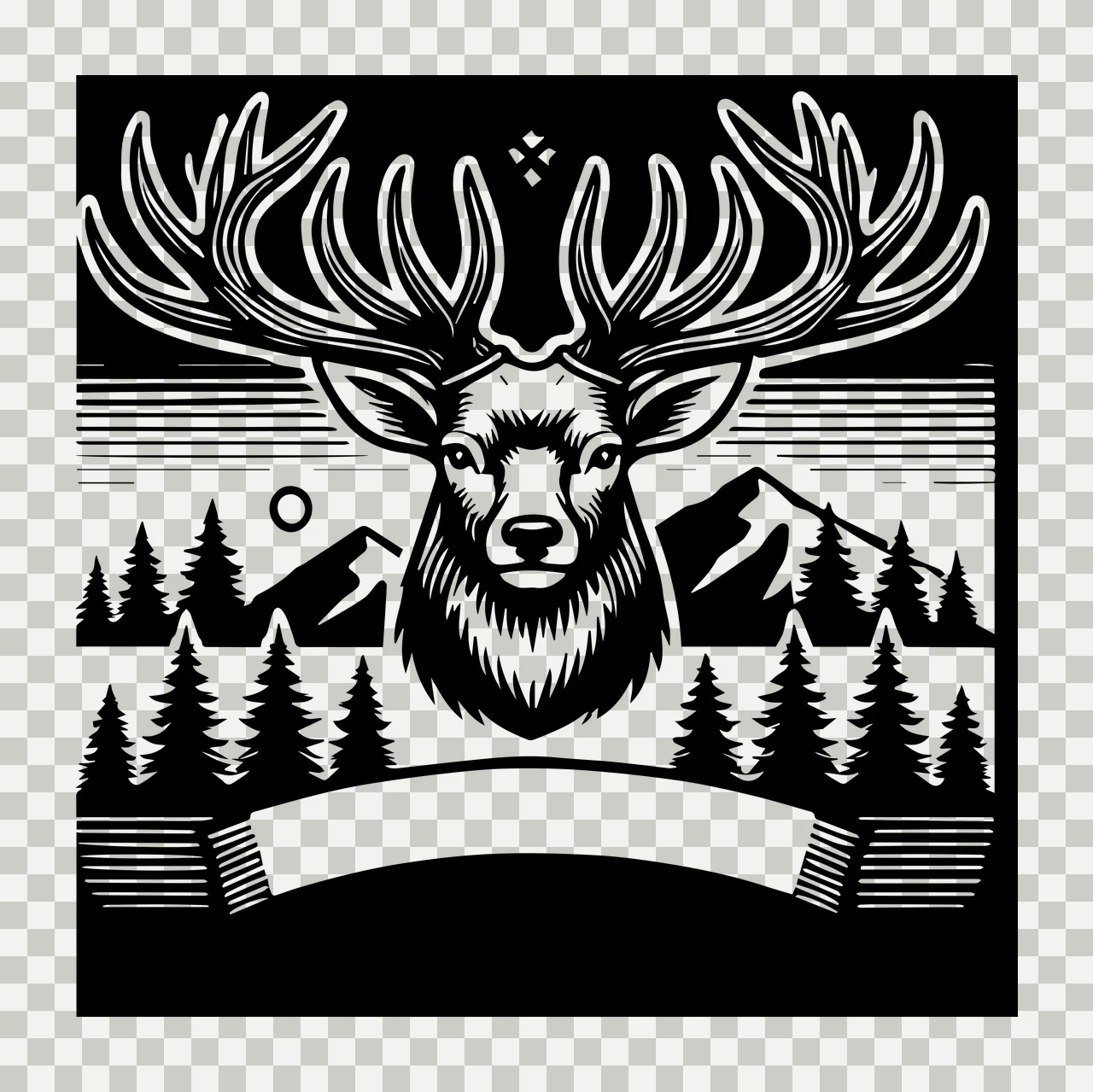 Deer Head With Mountains And Forest viewing antlers evergreen trees transparency and detail preview thumbnail