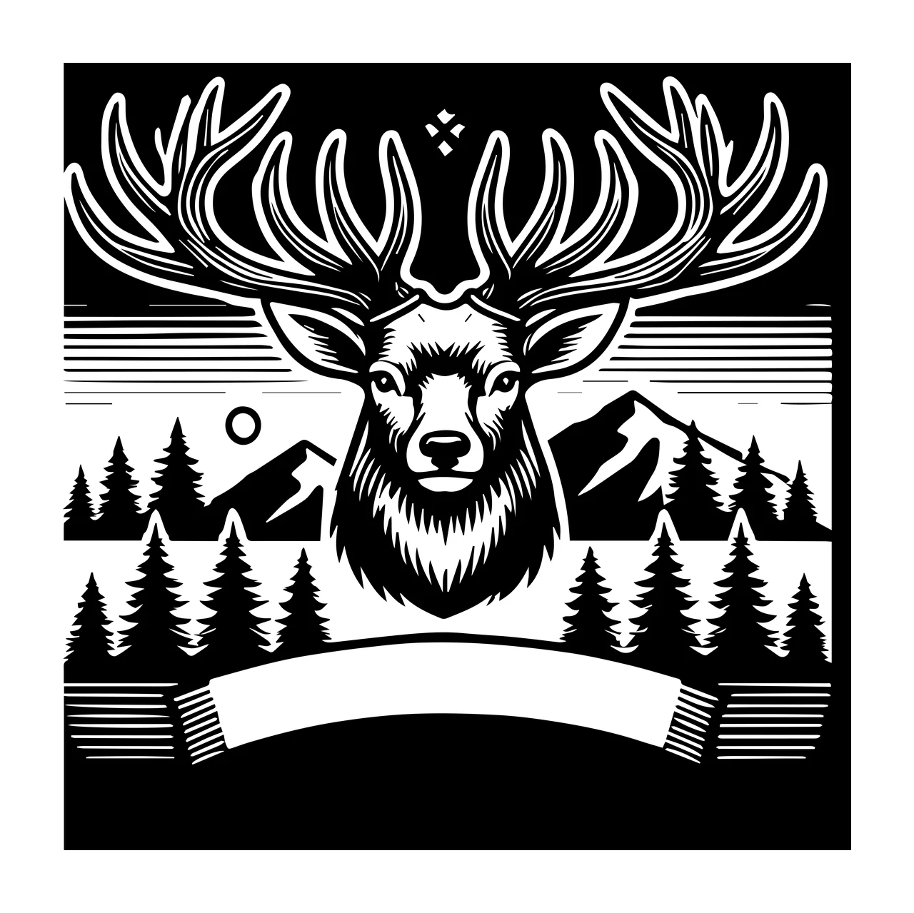 Deer Head With Mountains And Forest viewing antlers evergreen trees