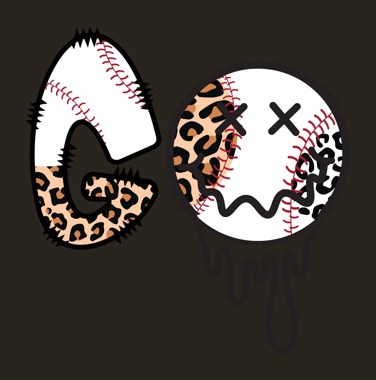 GO Typography Design with letter G, baseball texture, leopard print and red stitching in white, black and tan contrast preview thumbnail