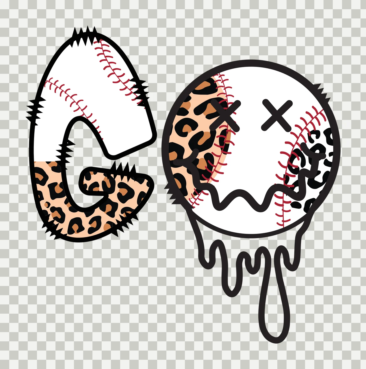GO Typography Design with letter G, baseball texture, leopard print and red stitching in white, black and tan transparency and detail preview thumbnail