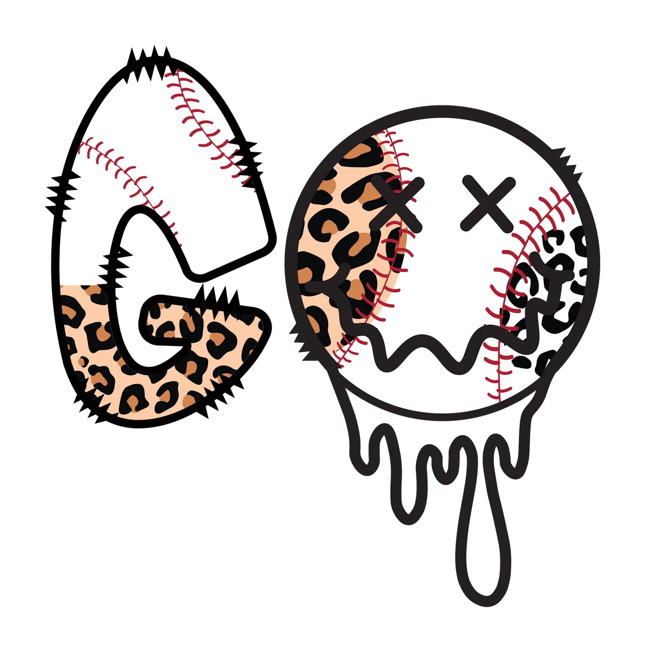 GO Typography Design with letter G, baseball texture, leopard print and red stitching in white, black and tan