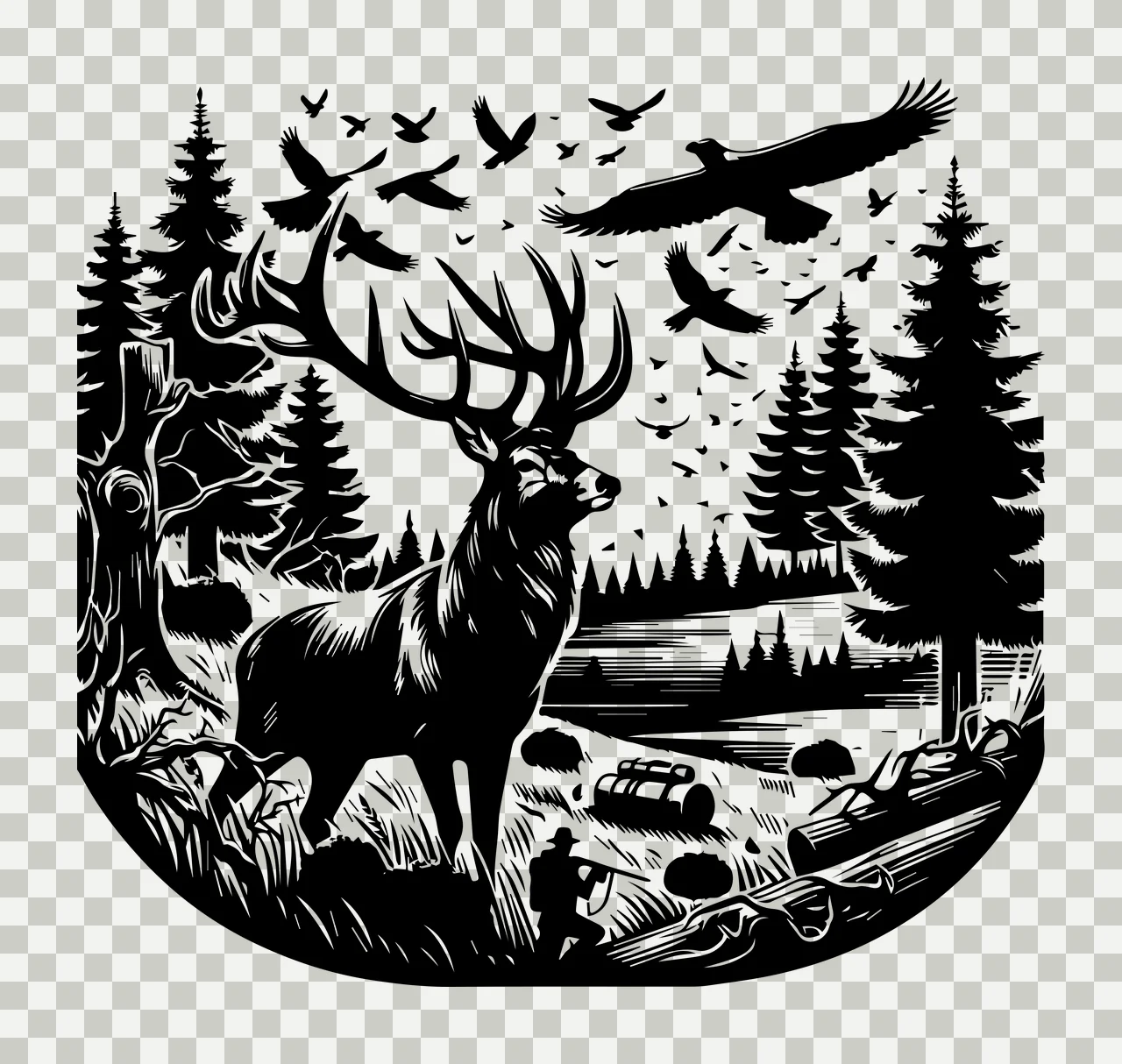 Elk Standing In Forest Landscape birds trees person rifle logs transparency and detail preview thumbnail