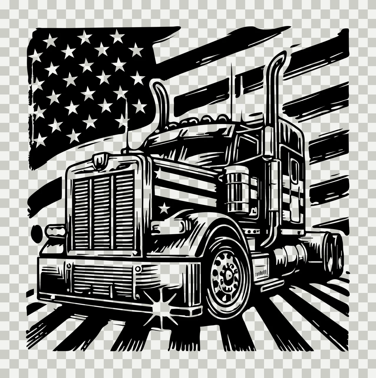 Semi Truck Flag Against American Graphic positioning black transparency and detail preview thumbnail