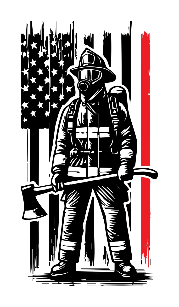 Flag Firefighter Silhouette With Background standing axe helmet