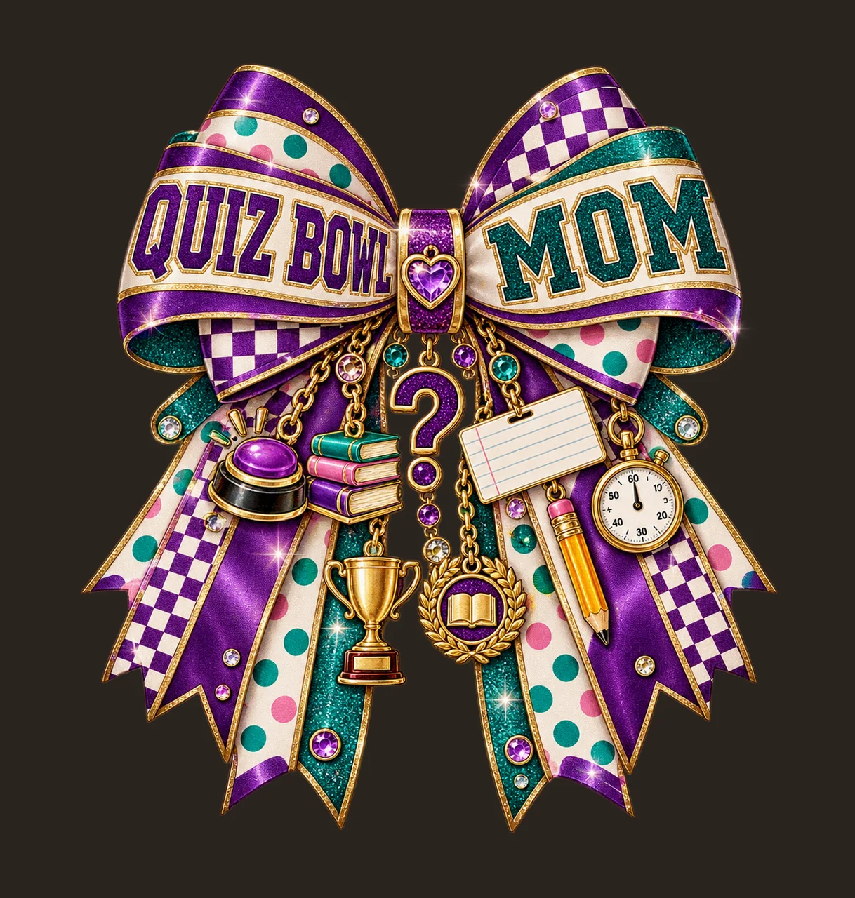 Quiz Bowl Mom Bow Charm PNG, Patterned Varsity Mom Ribbon Clipart, Transparent Sublimation Digital Download contrast preview thumbnail
