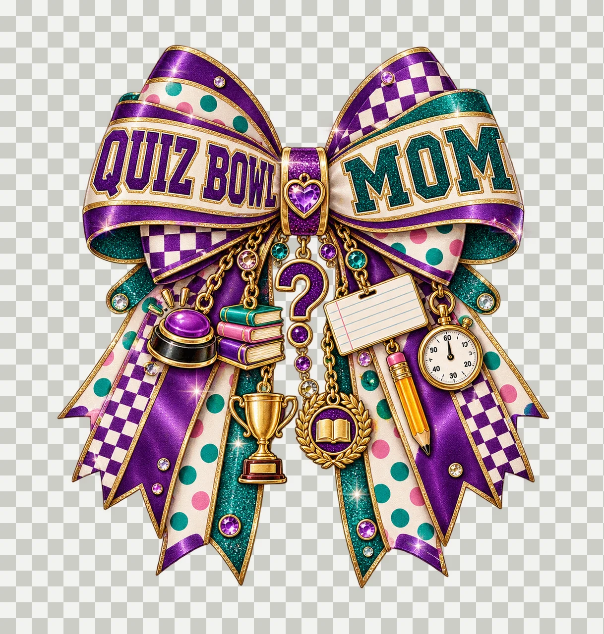 Quiz Bowl Mom Bow Charm PNG, Patterned Varsity Mom Ribbon Clipart, Transparent Sublimation Digital Download transparency and detail preview thumbnail