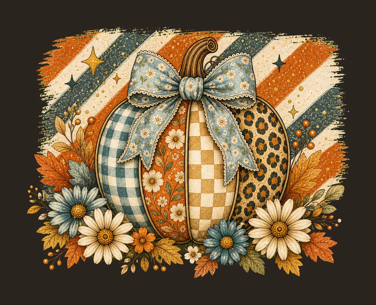 Striped Preppy Fall Pumpkin Glitter Floral Variation A contrast preview thumbnail