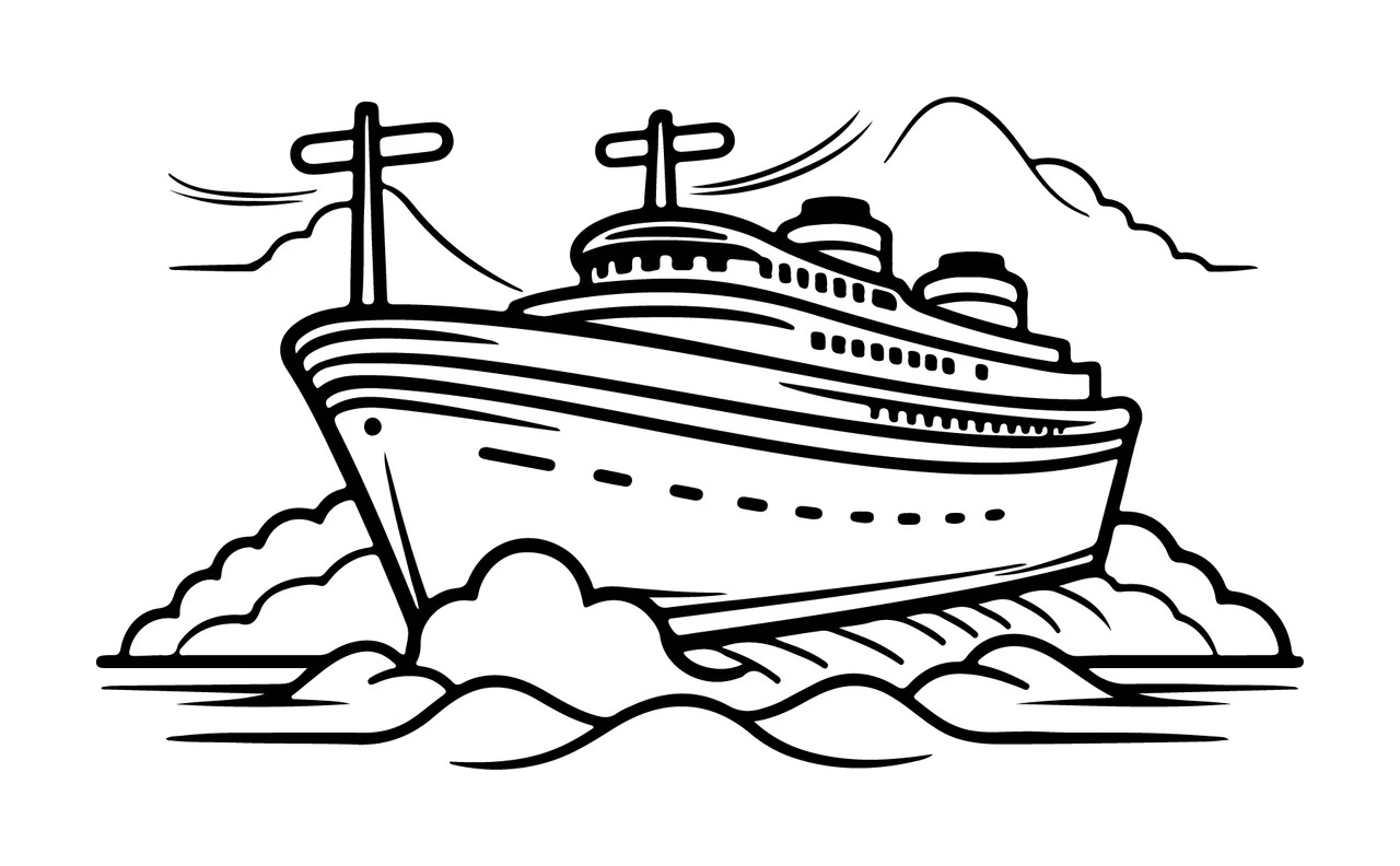Ship Crossing Over Wavy Ocean sailing waves mountains clouds