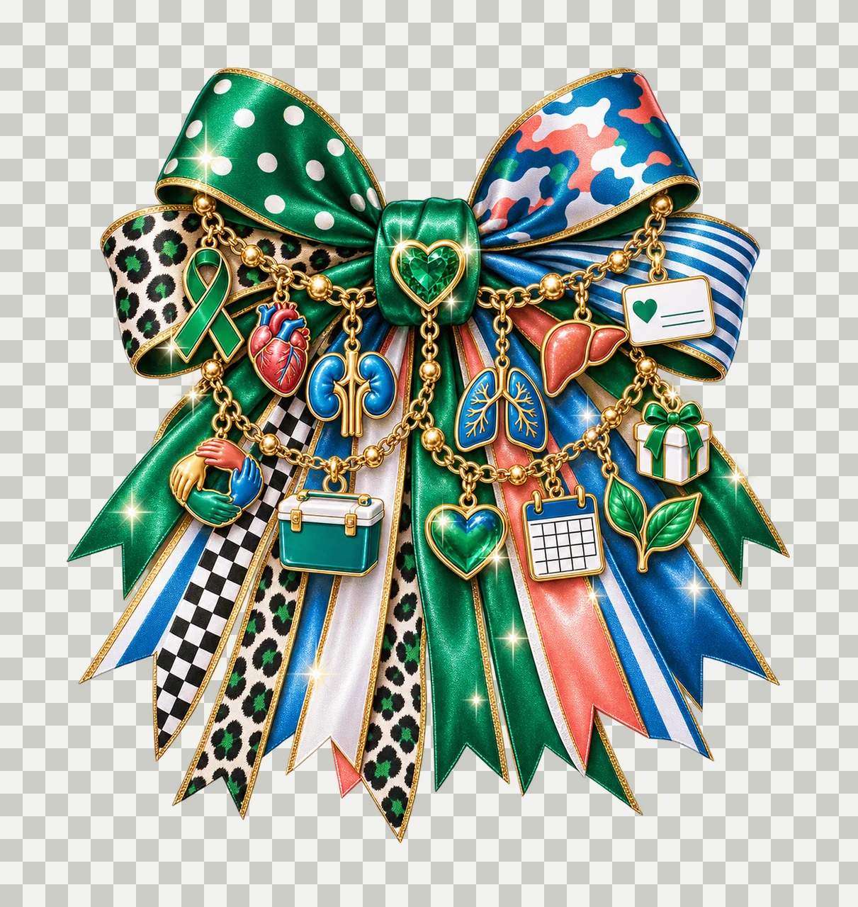 Organ Donation Awareness Bow Charm PNG, Themed Gold Chain Charms, Coquette Ribbon Sublimation Design, Transparent Digital Download transparency and detail preview thumbnail