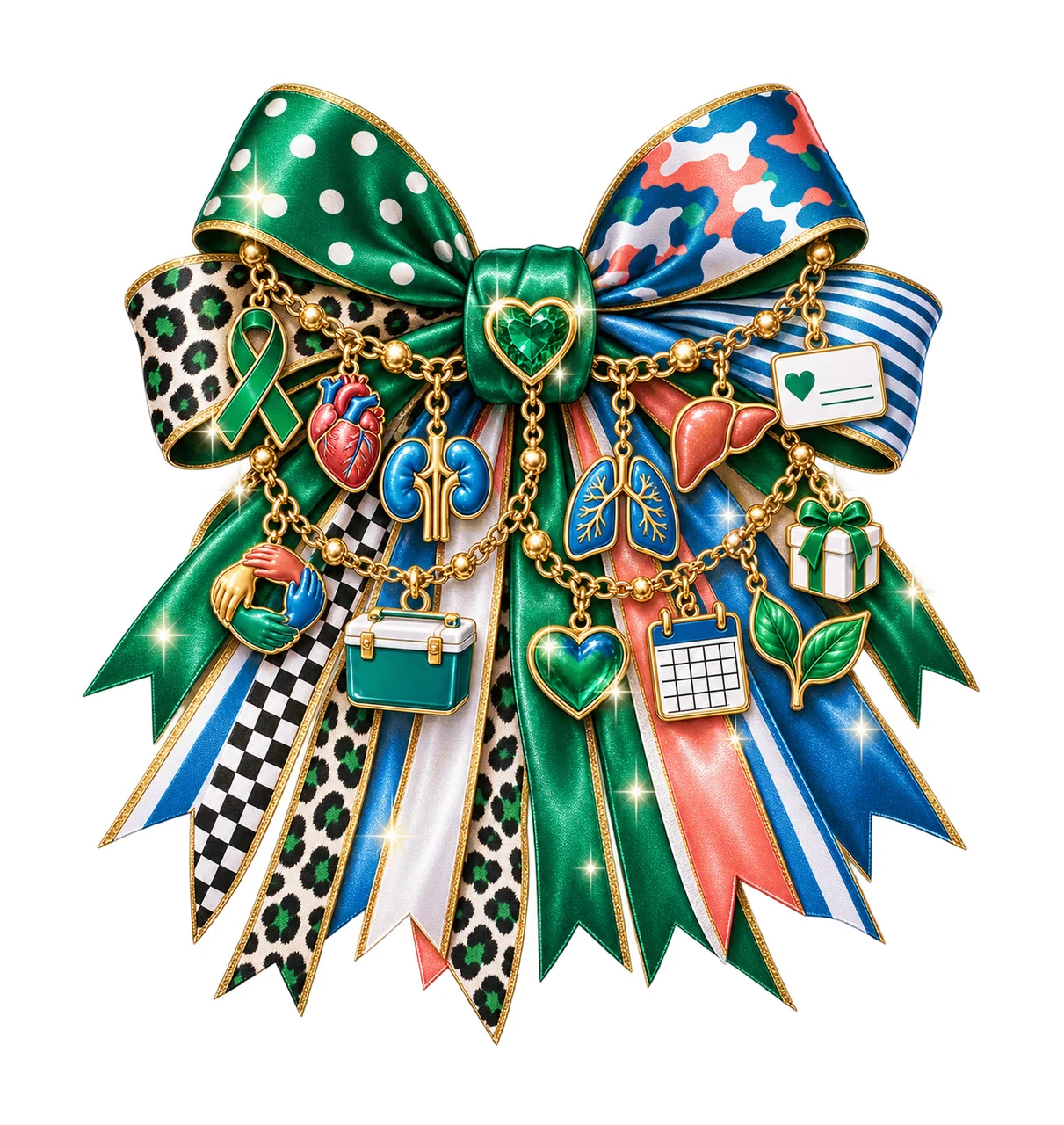 Organ Donation Awareness Bow Charm PNG, Themed Gold Chain Charms, Coquette Ribbon Sublimation Design, Transparent Digital Download